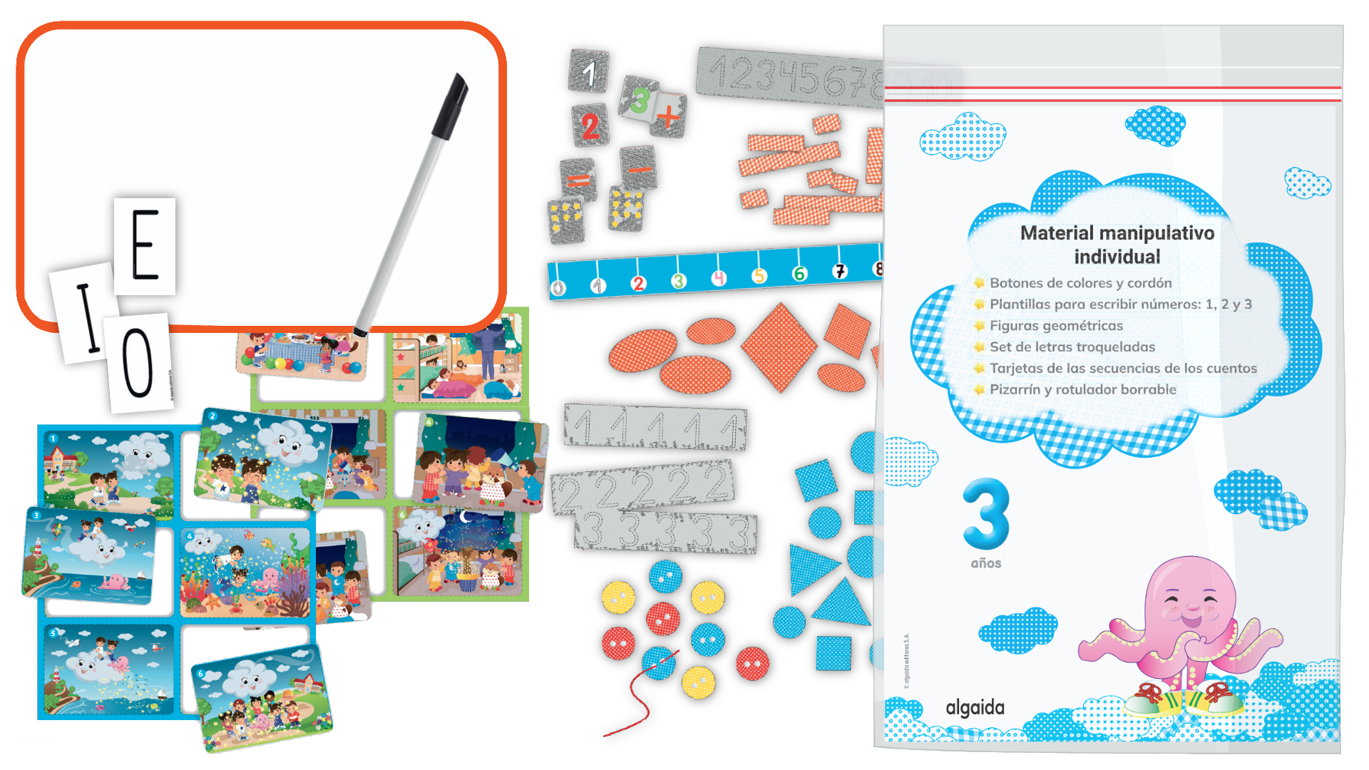 Bolsa individual con materiales manipulativos para cada nivel.
